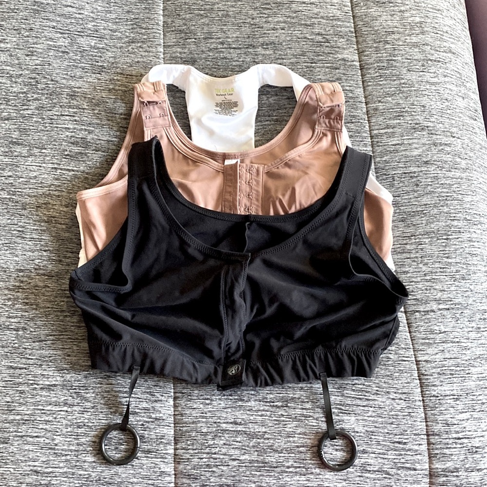 Beige Compression Bra, Black Compression Bra w/ drain holders, White Sports Bra.